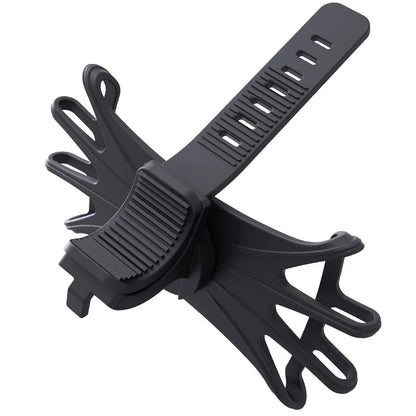 Close-up of a universal phone holder's adjustable clamp and 360-degree rotating ball joint on a stroller.