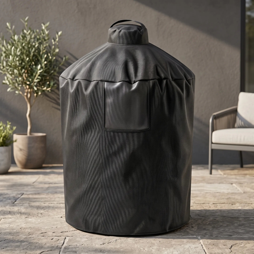 Black cylindrical heavy-duty outdoor grill cover for barbecue weather protection on patio.