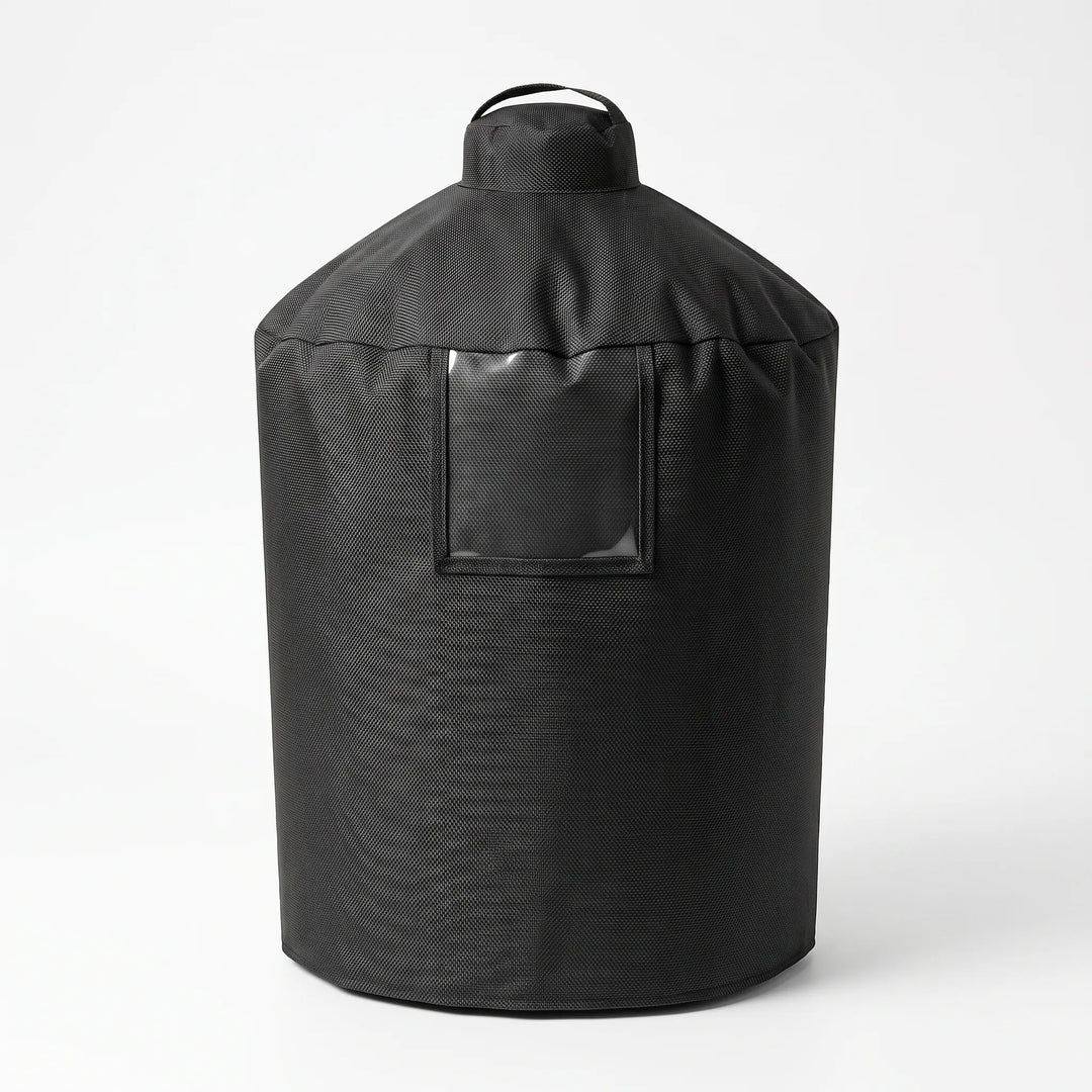 Weather-resistant black cylindrical grill cover for outdoor backyard BBQ accessories & patio protection.