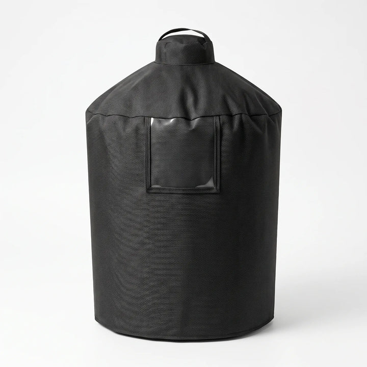 Weather-resistant black cylindrical grill cover for outdoor backyard BBQ accessories & patio protection.