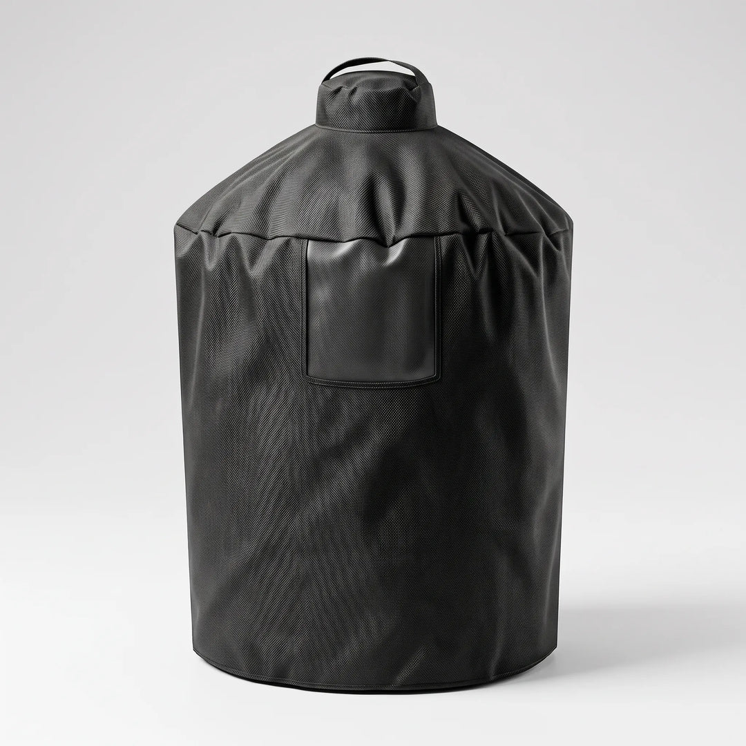 Cylindrical outdoor grill cover, black, provides weather protection for backyard barbecues & patio.