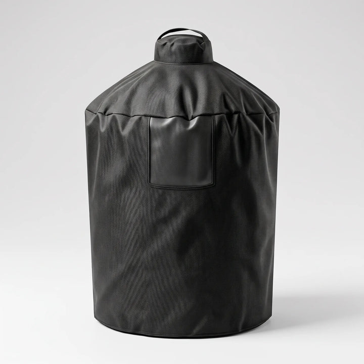 Cylindrical outdoor grill cover, black, provides weather protection for backyard barbecues & patio.