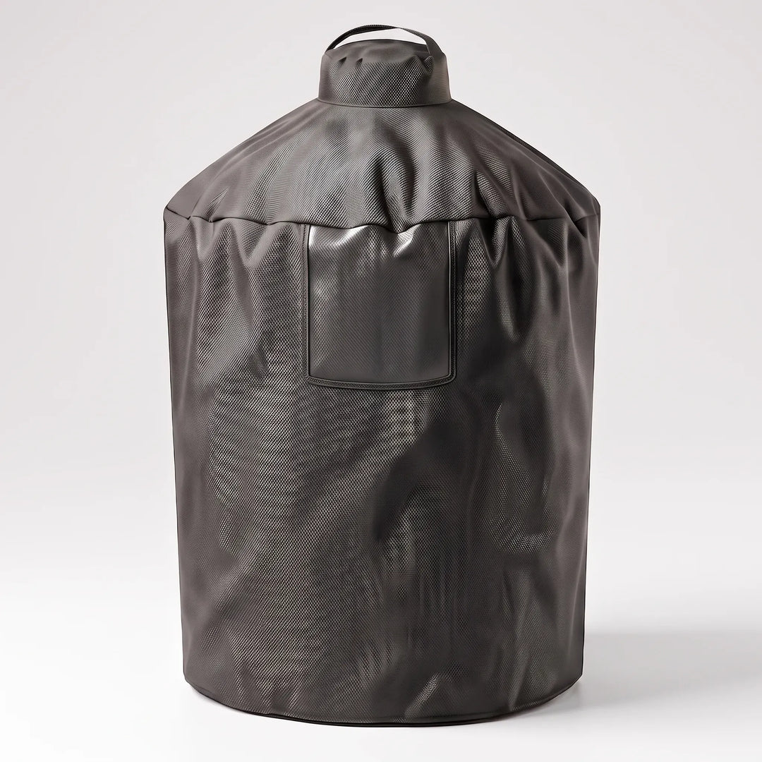 Durable black cylindrical grill cover protects outdoor barbecues from weather, ideal for patio & garden.