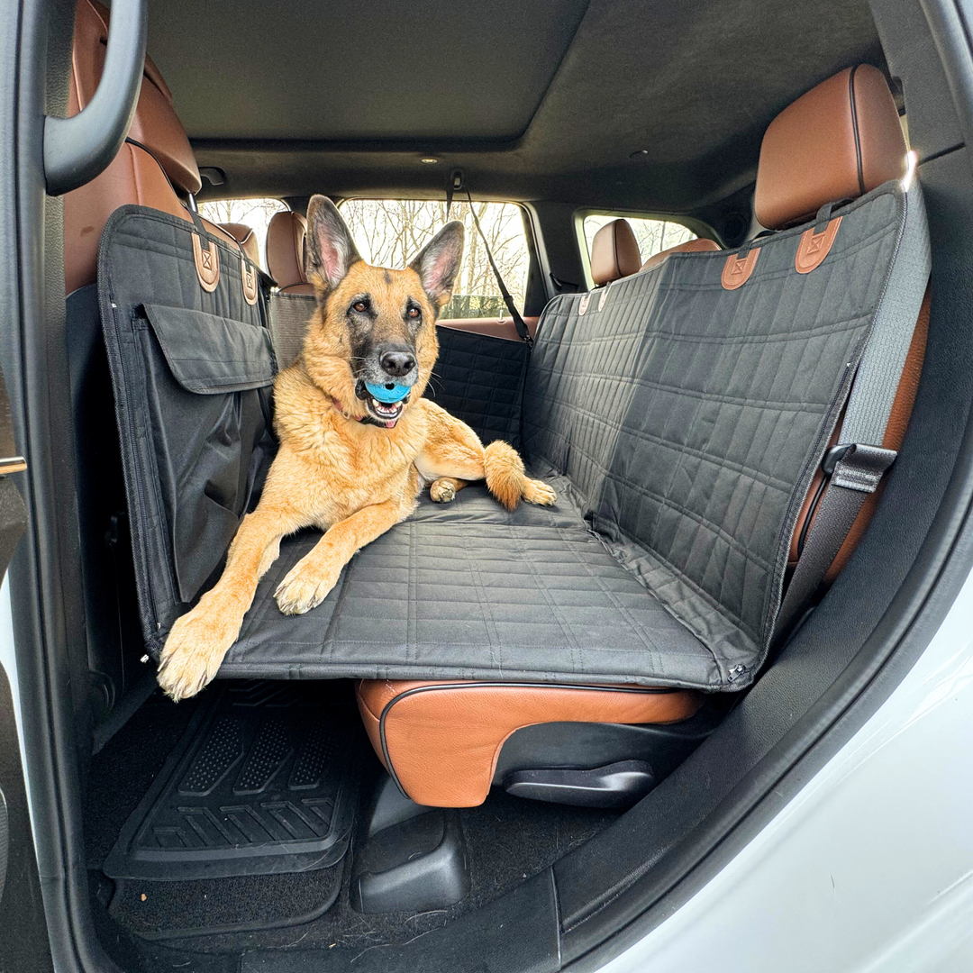 Black dog backseat extender with door covers, providing full car protection for pets.
