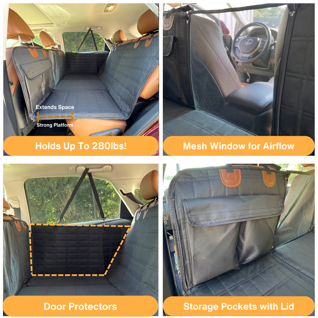 Durable black pet backseat extender with door covers, a must-have car protector for dog travel.