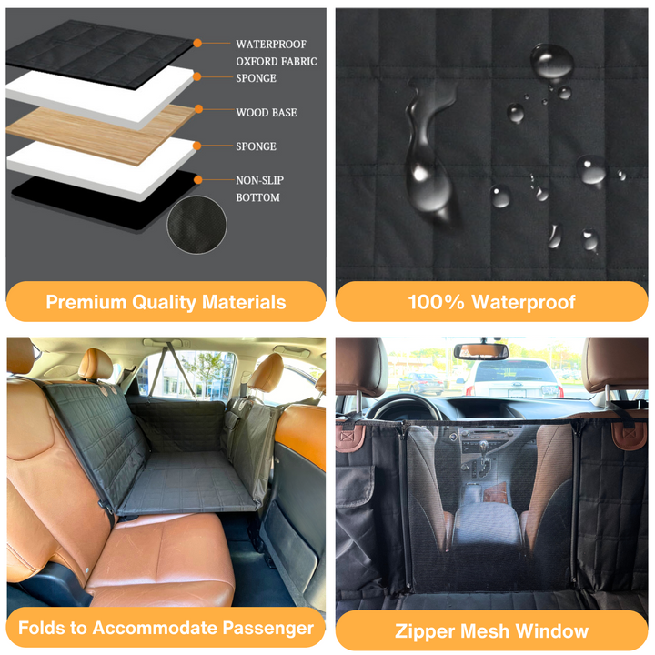 Auto accessory: Black dog backseat extender & door covers for pet comfort, safety, & clean car.