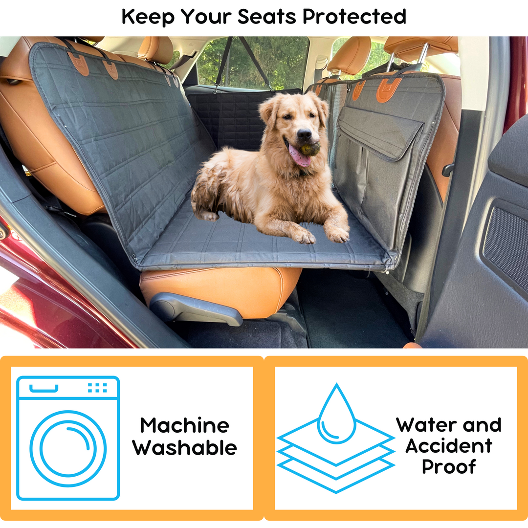 Keep your car spotless with a black dog backseat extender & door covers; ideal for pet travel.