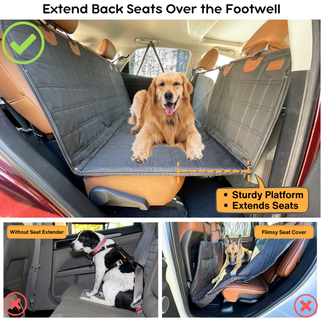 Secure & comfortable black dog car seat extender with protective door covers for safe pet journeys.