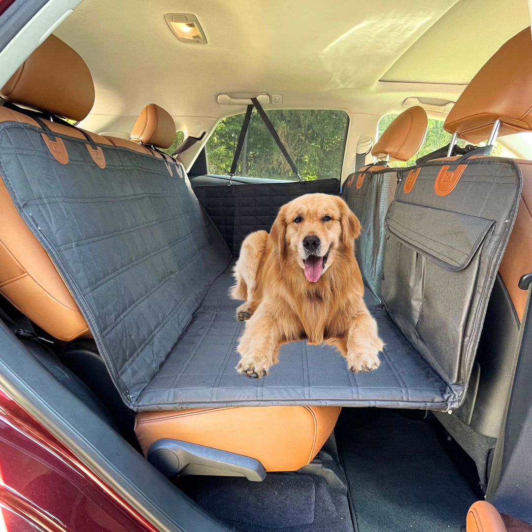 Extend your car's backseat for dogs with this black cover & door protectors, enhancing pet safety.