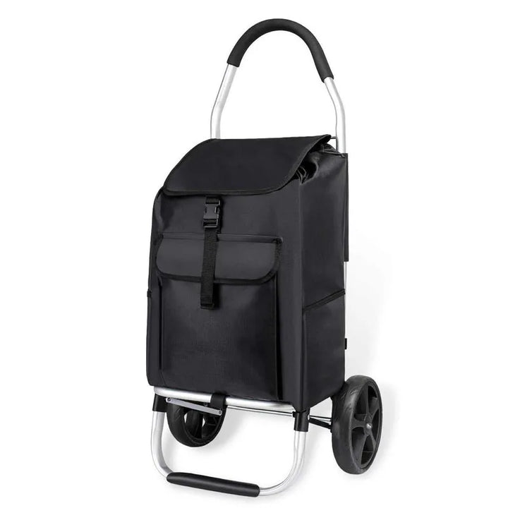Black foldable aluminum shopping trolley cart with large wheels for easy grocery transport.