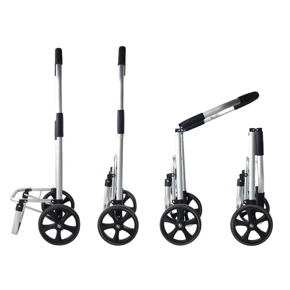 Compact, folded shopping trolley demonstrating its portable, space-saving design for storage.