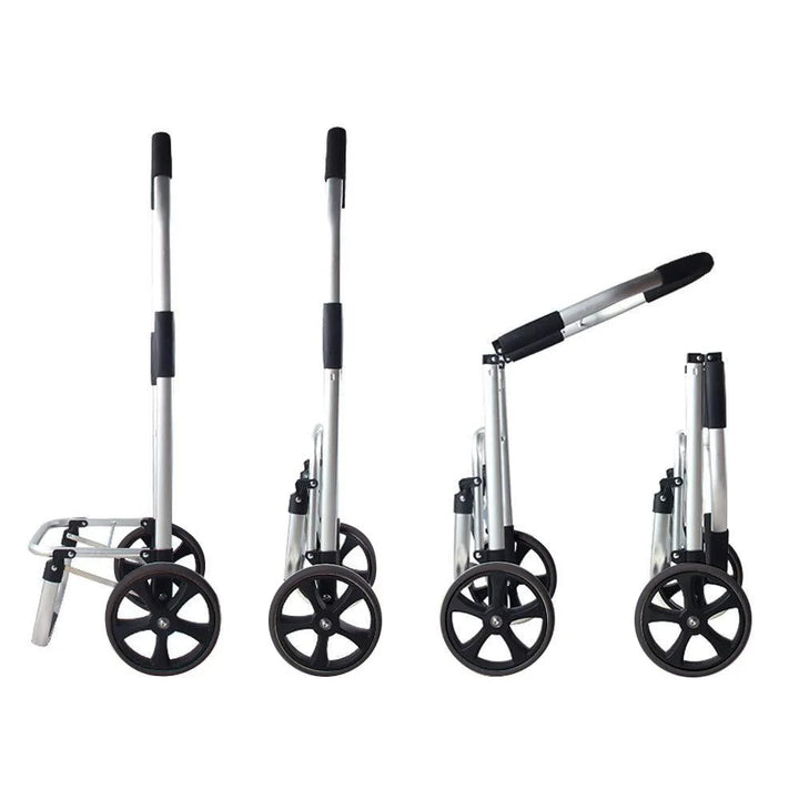 Compact, folded shopping trolley demonstrating its portable, space-saving design for storage.