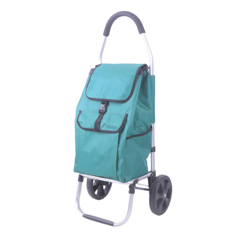 Durable aluminium foldable trolley, highlighting its sturdy frame and practical design for shopping.