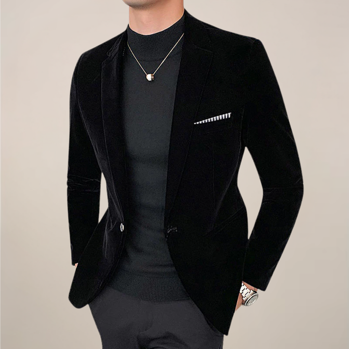 Black men's refined blazer, tailored for formal events & evening wear. Sophisticated special occasion dress blazer.