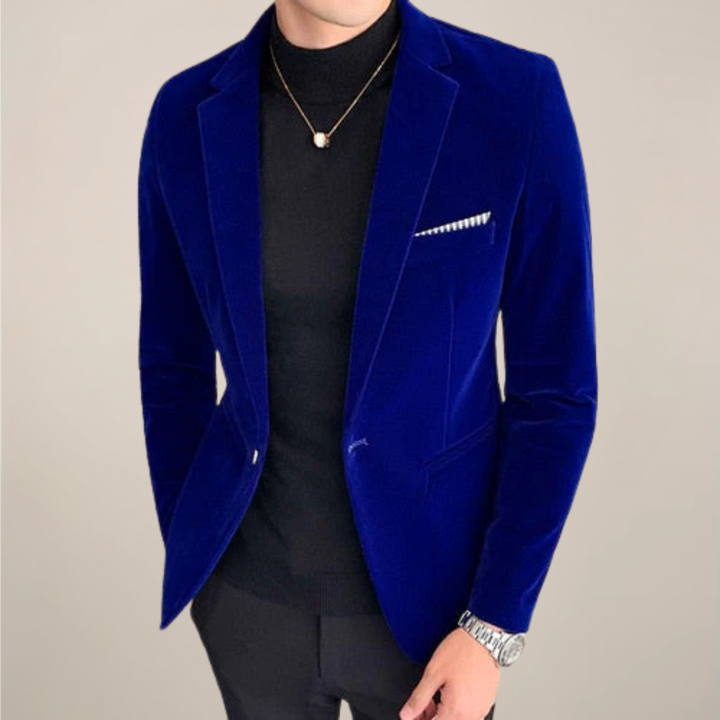 Red men's sophisticated dress blazer, ideal outerwear for formal events & evening wear. Tailored autumn style.
