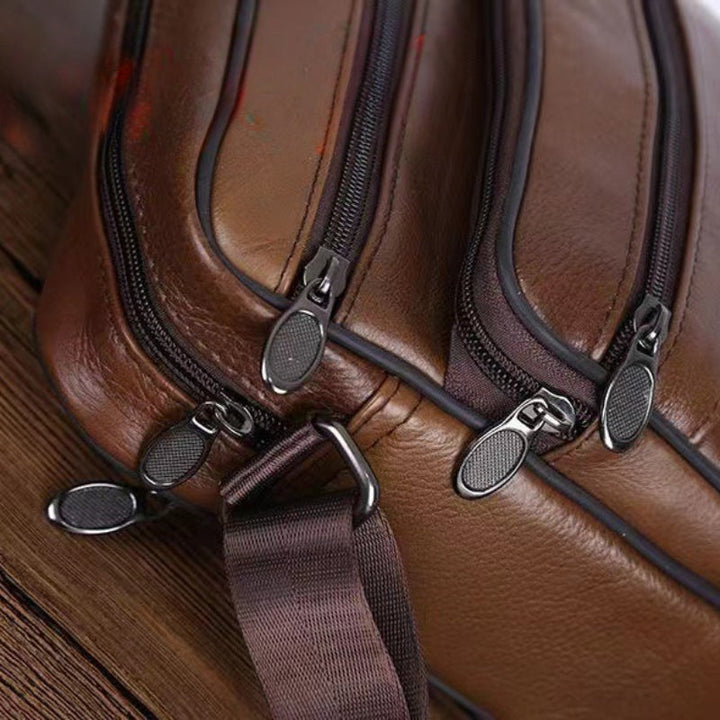 Organized men's work bag, a versatile shoulder bag in rich coffee brown with multiple compartments.