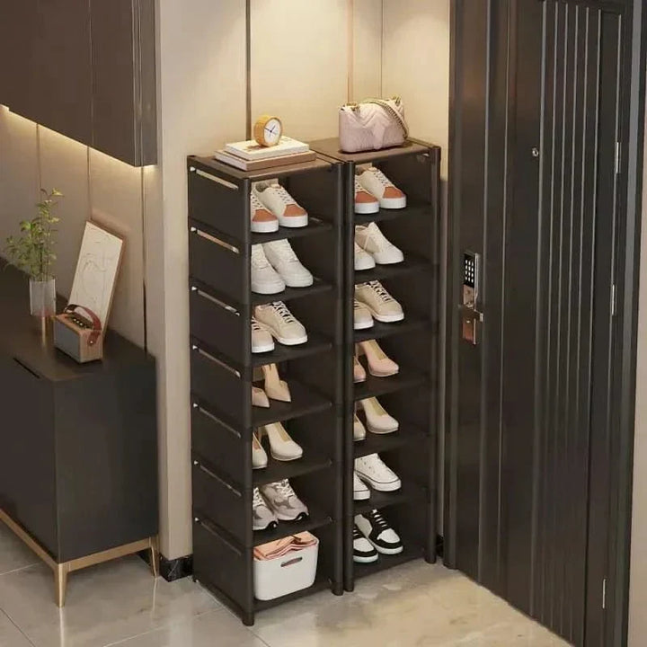 Black multi-layer corner shoe rack, space-saving for small entryways. Tool-free assembly.