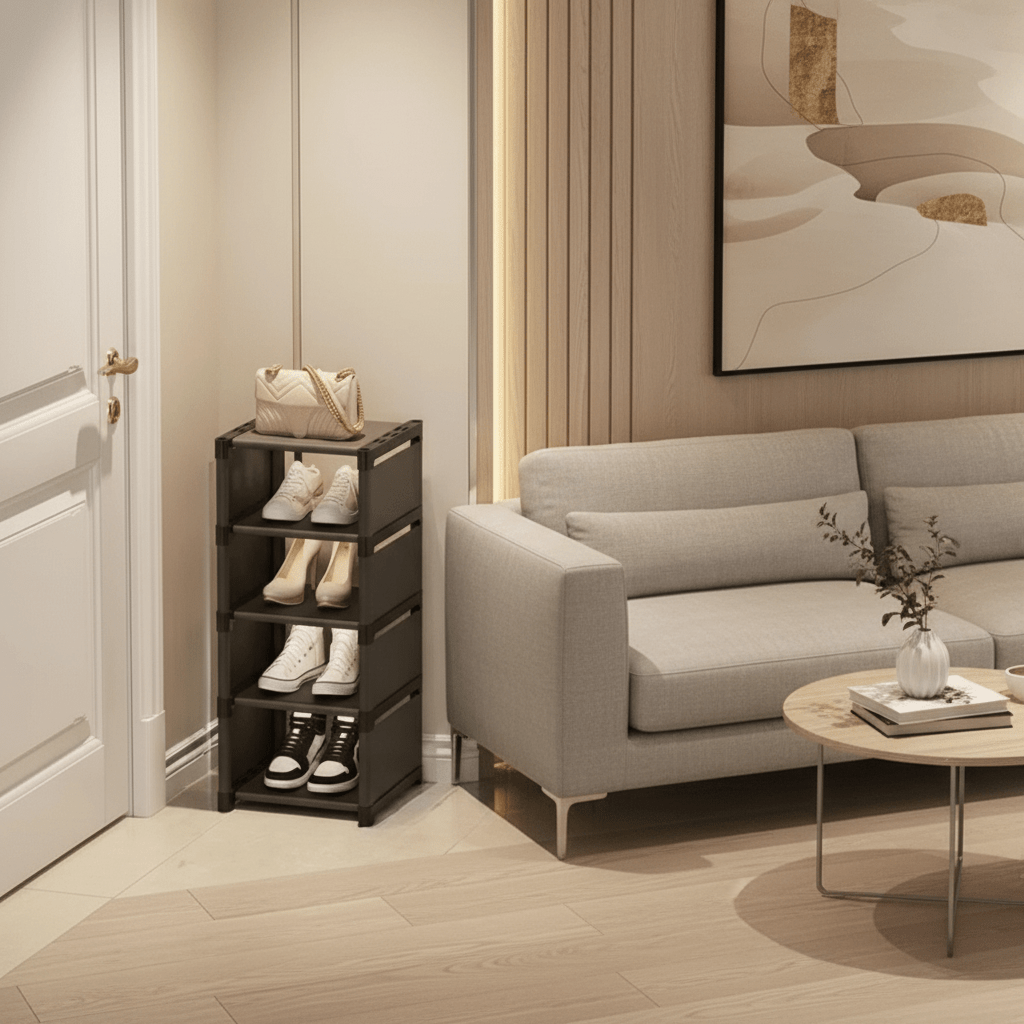 Detail of the sturdy, tool-free design of the black corner shoe storage rack for small spaces.