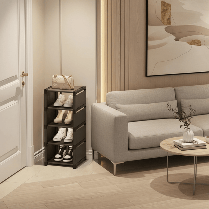 Detail of the sturdy, tool-free design of the black corner shoe storage rack for small spaces.