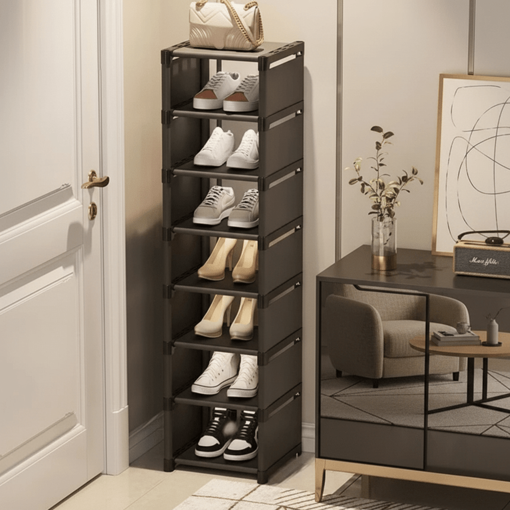Practical black corner shoe storage rack, a compact solution for organizing shoes in any small space.