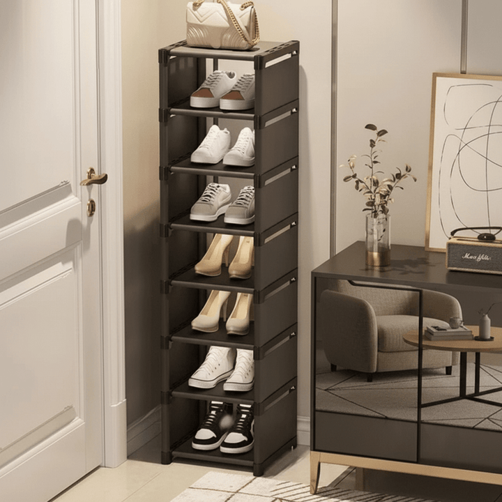 Practical black corner shoe storage rack, a compact solution for organizing shoes in any small space.