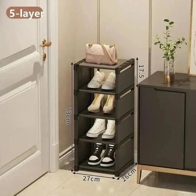 Stackable multi-layer black shoe rack, versatile storage for small spaces & home organization.