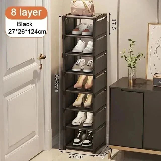 Tool-free assembly black corner shoe storage rack, easy setup for compact entryway organization.