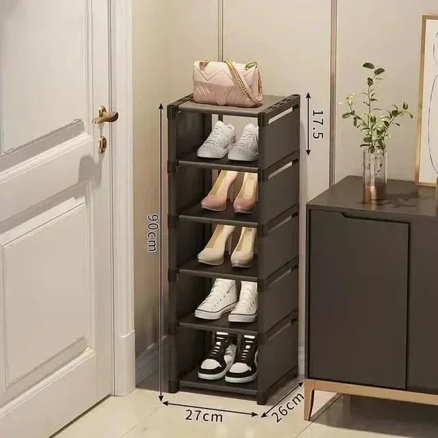 Efficient shoe storage for small spaces, black multi-layer corner rack fits perfectly in tight areas.