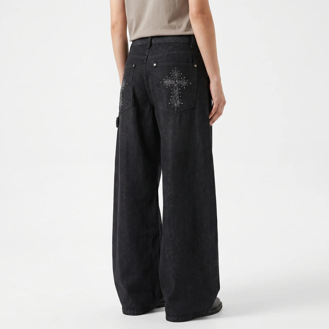 Women's low-rise studded baggy jeans, perfect for alternative clothing and an edgy punk rock fashion statement.