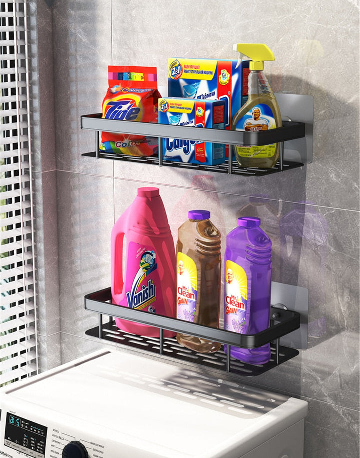 Silver suction cup shower caddy, tool-free for neat bathroom organization, wall-mounted.