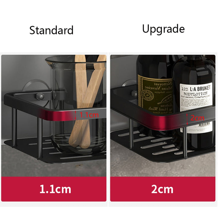 Compact black suction cup shelf for small bathrooms, adds instant storage, easy install.