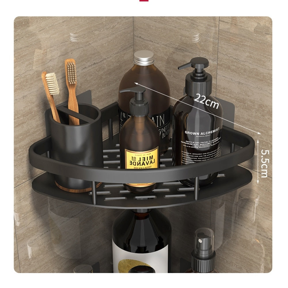 Secure silver suction bathroom shelf, enhances home organization without drilling.