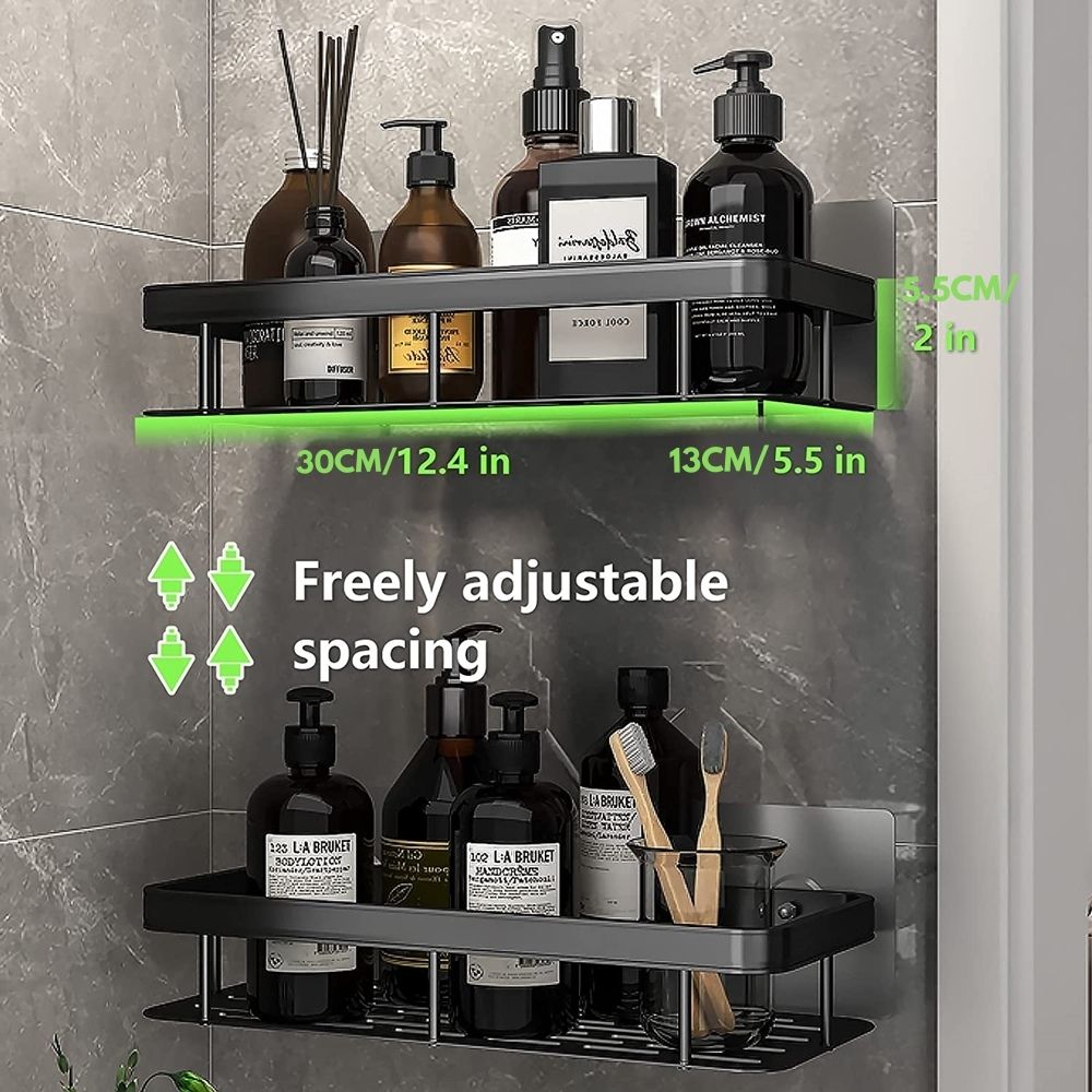 Organized spaces with a silver suction shower caddy, quick setup, wall-mounted storage.