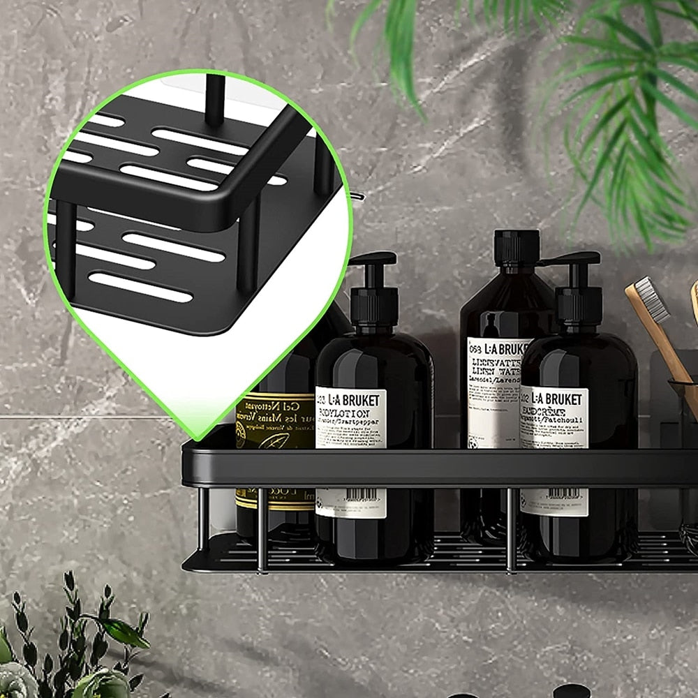 Black suction shelf for shampoo & conditioner, keeps shower tidy, tool-free install.