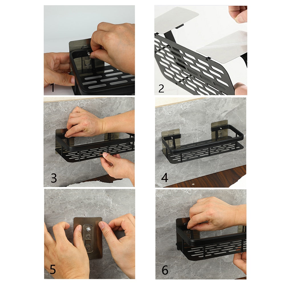 Easy-access silver suction bathroom storage shelf, perfect for daily essentials, space-saving.