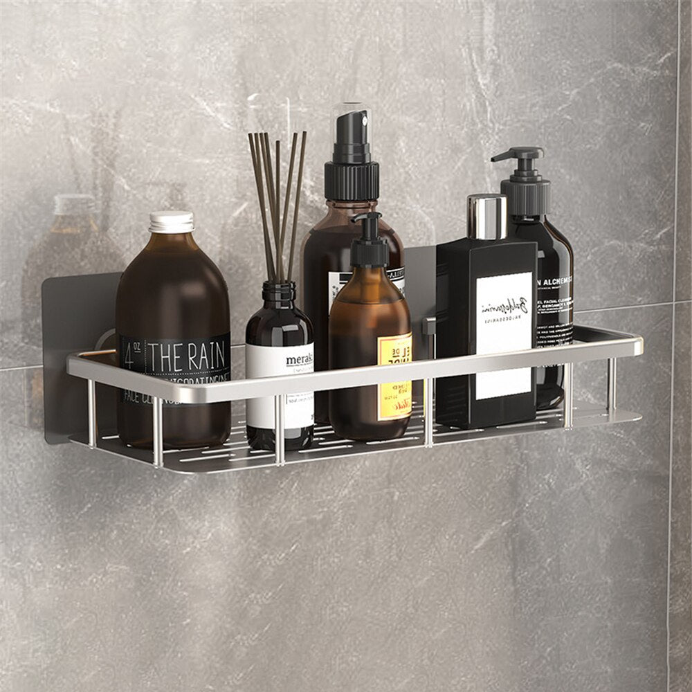 Easy install silver suction cup shower caddy, perfect wall organizer for toiletries.