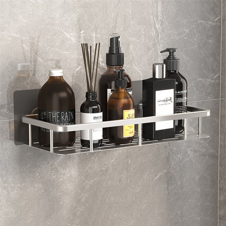 Easy install silver suction cup shower caddy, perfect wall organizer for toiletries.