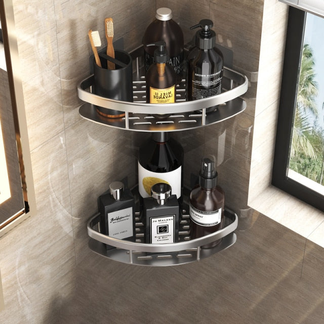 Durable silver suction shower caddy, rust-resistant bathroom wall organizer, easy install.