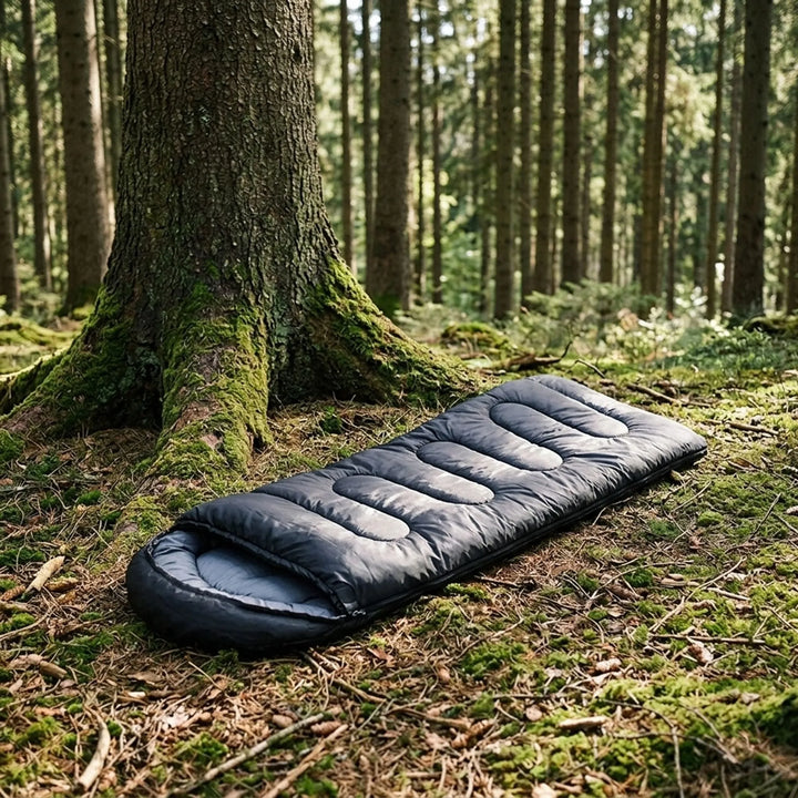 Black ultralight envelope sleeping bag for camping, hiking, & backpacking. Portable outdoor gear.