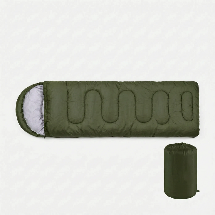 Open ultralight envelope sleeping bag inside a tent, perfect for comfortable camping & hiking sleep.