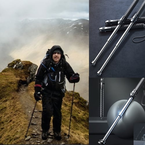 Portable black aluminum walking stick, collapsible for easy travel. Perfect trekking pole & mobility aid.