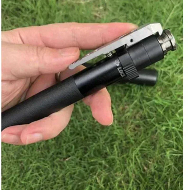 User holding black collapsible walking stick, showing one-button release. Great for hiking & walking support.