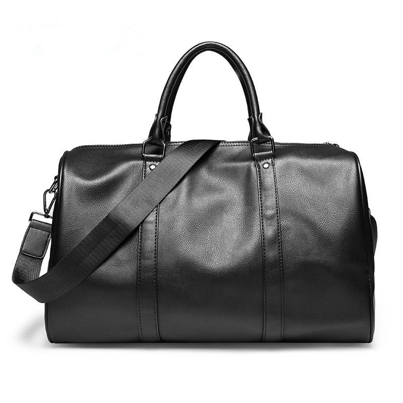 Black unisex faux leather travel duffel bag, lightweight & perfect for weekend trips or carry-on.