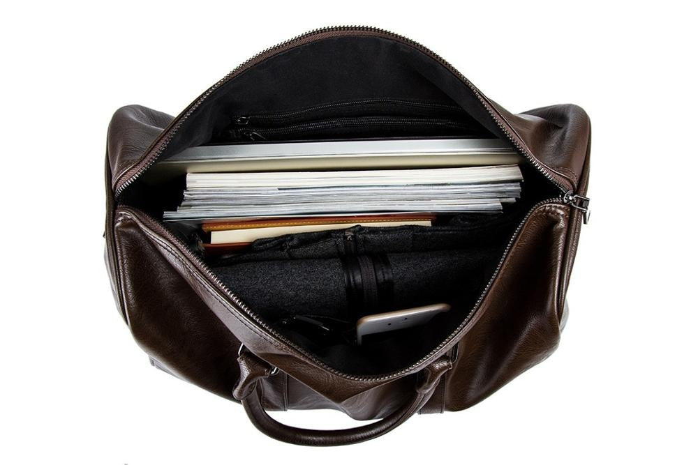 Compact black faux leather carry-on duffel, lightweight for easy travel & short business trips.