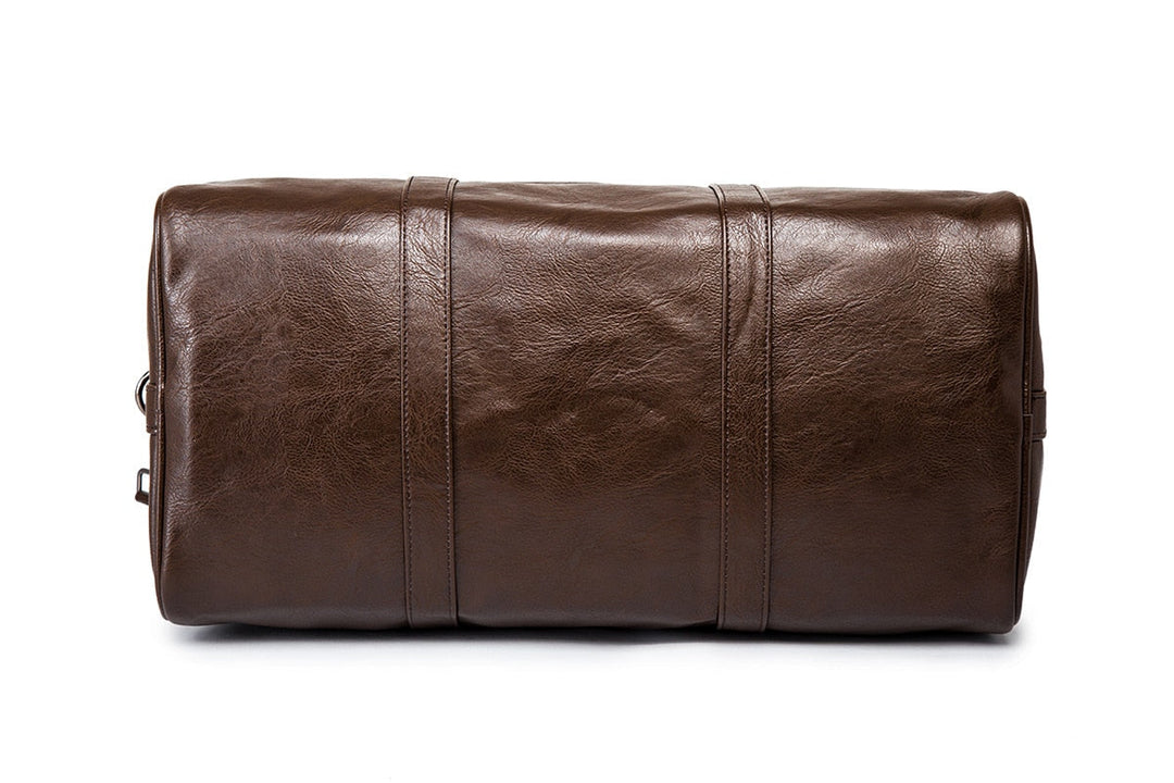 Black faux leather duffel bag, lightweight and roomy, great for gym gear or short trips.