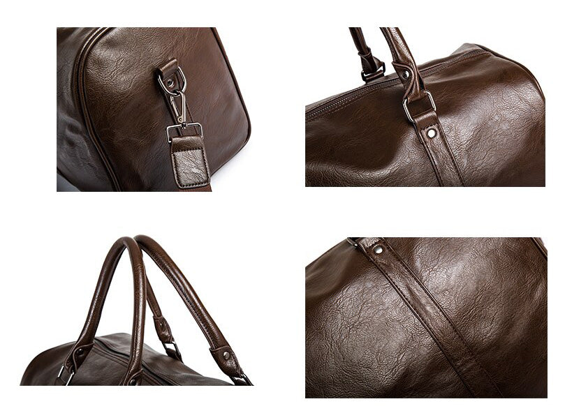 Brown faux leather weekend duffel, unisex, lightweight & stylish for any modern traveler.