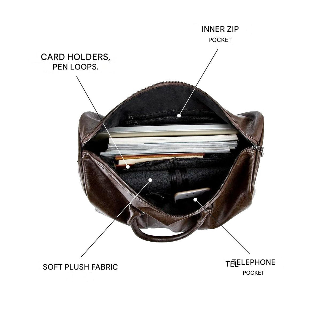 Stylish brown faux leather duffel bag, lightweight & durable for gym or short travel adventures.