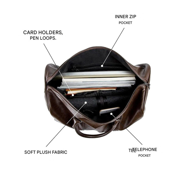 Stylish brown faux leather duffel bag, lightweight & durable for gym or short travel adventures.