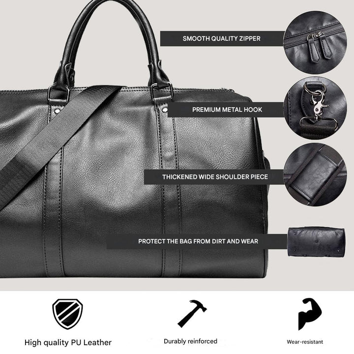 Unisex black travel duffel, lightweight faux leather, ideal as a carry-on or weekend getaway bag.