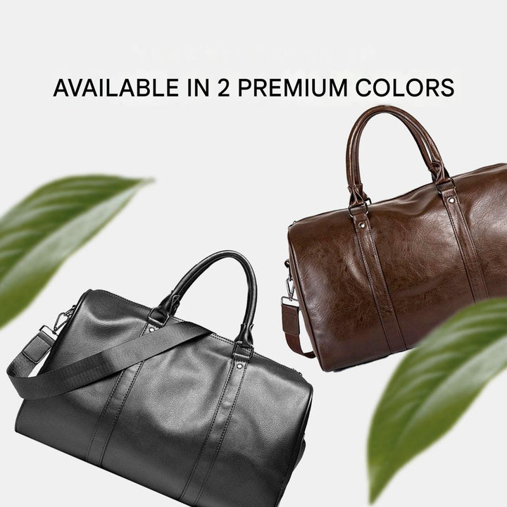 Lightweight faux leather weekend bag, spacious black duffel for stylish and easy travel.